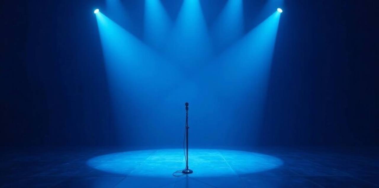 An open microphone on a blue-lit concert stage